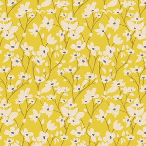 Fresh Linen Collection Dogwood Sunlight fabric from Art Gallery Fabrics by Katie O&#39;Shea, yellow floral, small print, white dogwood flowers