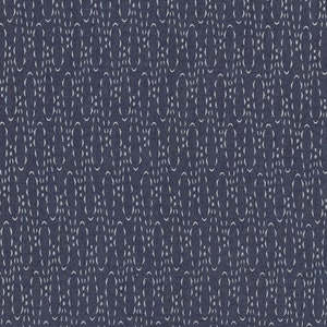 May include: A seamless pattern of white geometric shapes on a dark blue background. The pattern is made up of repeating circles, ovals, and lines.