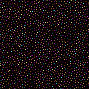 Könnte beinhalten: Ein schwarzer Hintergrund, der mit einem Muster aus kleinen, farbenfrohen Punkten bedeckt ist. Die Punkte sind in den Farbtönen Rosa, Orange, Gelb, Blau und Lila gehalten und erzeugen ein lebendiges und verspieltes Design. Die Punkte sind über die Oberfläche verstreut.