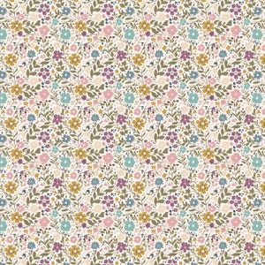 May include: A detailed floral pattern with a cream backdrop, showcasing an array of small flowers in yellow, pink, purple, and teal. The design incorporates green leaves and stems, offering a vintage, botanical style, suitable for various applications.