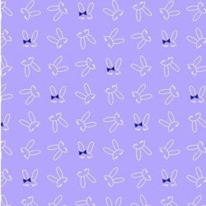 May include: A repeating pattern of white bunny silhouettes on a light purple background. Some of the bunnies have a small purple bow on their head.