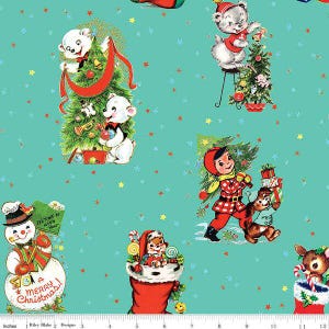ライリー ブレイク デザイン、ジングル ベル コレクション、リンゼイ ウィルクスの「メイン コテージ」、ビンテージ クリスマス ビネット、ビンテージ プリントの雪だるま、木