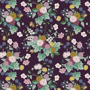May include: A floral pattern featuring a deep purple background with repeating clusters of flowers. The flowers include shades of pink, yellow, white, and burgundy, with green leaves and small blue accents. The design is detailed and intricate.