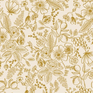 May include: A seamless pattern featuring a botanical design with gold-colored floral elements on a cream background. The pattern includes roses, leaves, berries, and other stylized flowers, creating a delicate and elegant aesthetic.