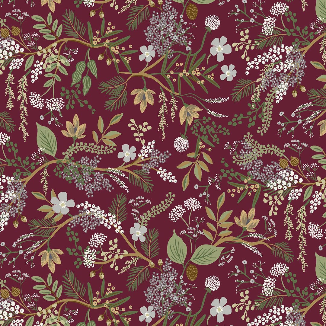 Paper Roses Fabric Rifle Paper Co, English Rose Collection, Juniper Forest, Evergreen ...