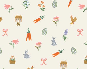 Rifle Paper Co, Easter Fabric Collection, Easter Basket in Blue  cotton quilting fabric, clothing fabric, home deco fabric