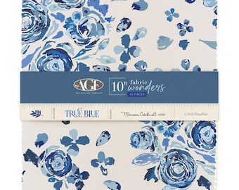 May include: A pack of 42 10-inch fabric squares featuring a blue and white floral pattern. The fabric is called "True Blue" and is part of the "Fabric Wonders" collection by  Maureen Cracknell for Art Gallery Fabrics.