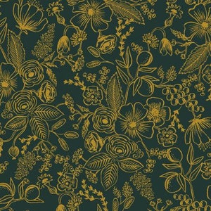 May include: A seamless pattern featuring gold floral illustrations on a dark teal background. The pattern includes various flowers, leaves, and berries, creating a delicate and intricate design.