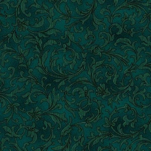 Puede incluir: Un fondo verde azulado con un patrón repetitivo de enredaderas florales estilizadas de color verde oscuro.