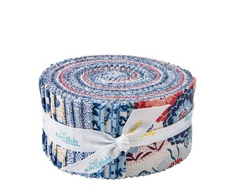 LIberty Fabrics Arthur's Garden Collection 1, 2 1/2" Rolie Polie pre cut 40 strip bundle, Riley Blake Designs, red white and blue fabric