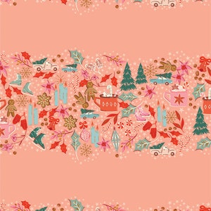 May include: A pink background with a repeating pattern of Christmas-themed illustrations. The pattern includes gingerbread people, presents, candy canes, ice skates, hot chocolate, and Christmas trees.