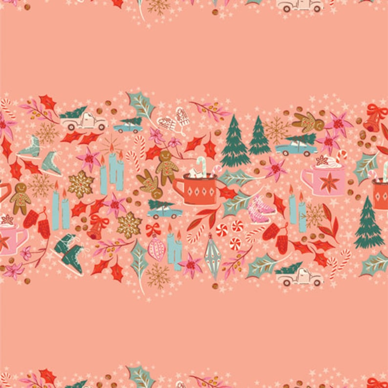 May include: A pink background with a repeating pattern of Christmas-themed illustrations. The pattern includes gingerbread people, presents, candy canes, ice skates, hot chocolate, and Christmas trees.