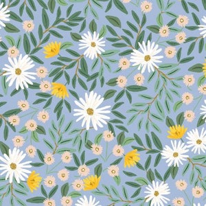 May include: A seamless pattern featuring white daisies, yellow flowers, and green leaves on a light blue background.