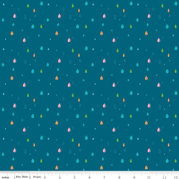 Riley Blake Designs, Play Outside Drops blue by Gracie Larson  sale quilting cotton rain drop fabric