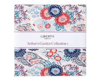 Liberty Fabrics Arthurs Garden 10 inch stacker, pre cut bundle of 42 squares, 100% cotton quilting weight, assorted red, white and fabric