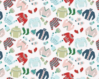 May include: A repeating pattern of winter clothing items on a white background. The design includes sweaters, hats, mittens, and socks in various colors such as red, blue, green, and pink. The sweaters have different patterns.