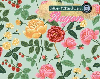 Rifle Paper Co, English Rose Collection, Roses on Mint premium Rayon fabric with romantic stemmed roses in yellow, pink, and red tones