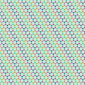 May include: A repeating pattern of colorful triangles on a light blue background. The triangles are arranged in a hexagonal pattern, creating a geometric design.