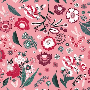 Art Gallery Fabrics, Wintertale, Festive Bouquet, Christmas fabric by the yard, holiday fabric, quilting cotton, pink Christmas, floral