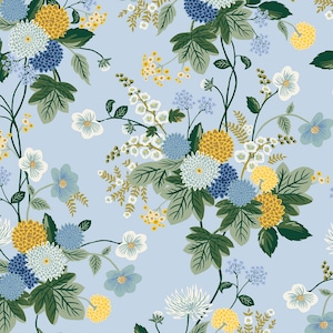 May include: Floral pattern featuring clusters of yellow, blue, and white flowers with green leaves on a light blue background. The design includes various flower types and detailed foliage, creating a seamless, repeating pattern suitable for fabric or wallpaper.