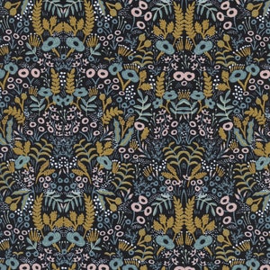 May include: A black background with a repeating pattern of gold, blue, and pink flowers. The flowers are stylized and have a whimsical feel.