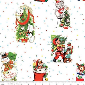 ライリー ブレイク デザイン、ジングル ベル コレクション、リンゼイ ウィルクスの「メイン ホワイト」、ビンテージ クリスマス ビネット、ビンテージ プリントの雪だるま、木