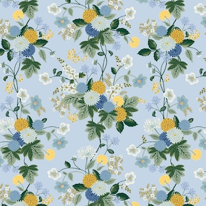 May include: A repeating floral pattern featuring clusters of yellow, blue, and white flowers with green leaves on a light blue background. The design includes various flower types and delicate stems, creating a seamless, botanical print.