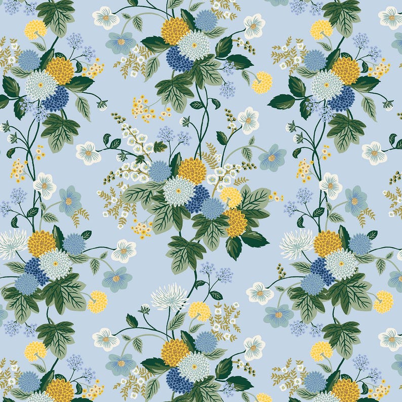 May include: A repeating floral pattern featuring clusters of yellow, blue, and white flowers with green leaves on a light blue background. The design includes various flower types and delicate stems, creating a seamless, botanical print.
