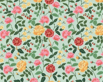 Rifle Paper Co, English Rose Collection, Roses mint premium cotton fabric with romantic roses in yellow, pink and red tones quilting cotton