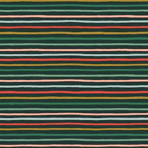 May include: A repeating pattern of horizontal stripes in various colors. The background is a dark teal, with stripes in gold, red, light blue, pink, and green. The stripes have a hand-painted, textured appearance.