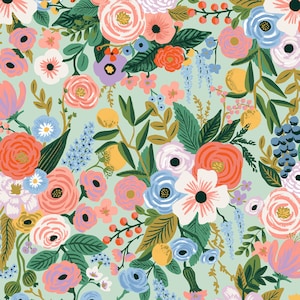 Rifle Paper Co. Orchard Collection Garden Party fabric in Mint by Anna Bond cotton yardage from Cotton and Steel 100% cotton