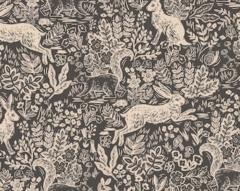 Rifle Paper Co. Fable Cotton Canvas Fabric in Gray, Woodland Collection, Animals Print