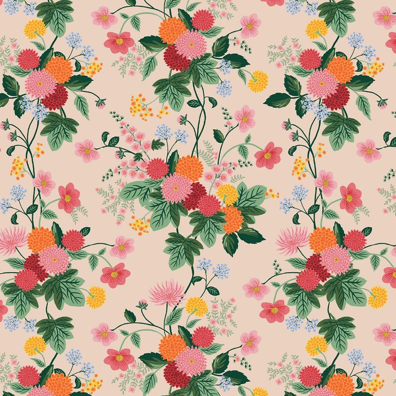 May include: A repeating floral pattern featuring bouquets of pink, orange, red, yellow, and blue flowers with green leaves on a light peach background. The flowers are in full bloom, creating a vibrant and detailed design.