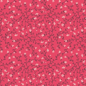 Pode incluir: Um padrão sem costura com delicadas flores brancas e caules pretos sobre um fundo rosa brilhante. O design floral cria uma sensação caprichosa e romântica.