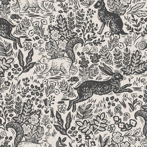 May include: A repeating pattern featuring black and white illustrations of rabbits, squirrels, flowers, and foliage. The design has a hand-drawn aesthetic, with a cream-colored background. The animals are depicted in various poses, creating a lively forest scene.