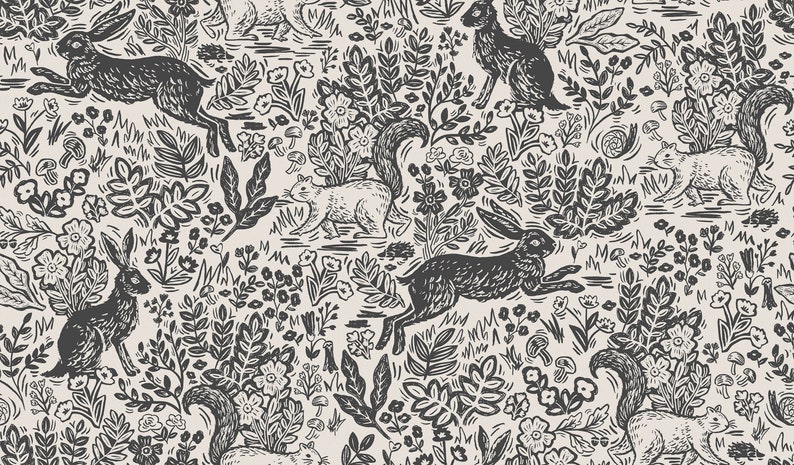 May include: A repeating pattern featuring black and white illustrations of rabbits, squirrels, flowers, and foliage. The design has a hand-drawn aesthetic, with a cream-colored background. The animals are depicted in various poses, creating a lively forest scene.