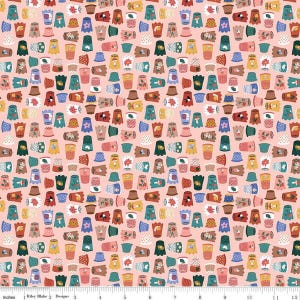 May include: A repeating pattern of colorful thimbles and sewing notions on a light pink background. The thimbles are decorated with floral and geometric designs in shades of blue, green, red, and yellow. The fabric is marked with inches.