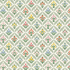 May include: A repeating pattern of colorful floral bouquets in shades of pink, yellow, red, and blue, set against a cream background. The bouquets are arranged within a diamond-shaped lattice of green leaves.