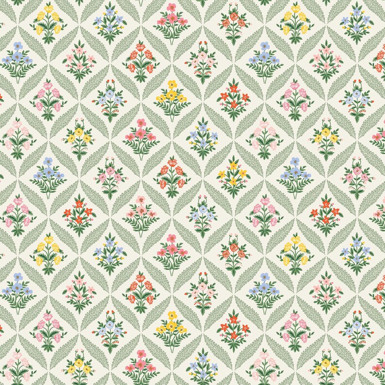 May include: A repeating pattern of colorful floral bouquets in shades of pink, yellow, red, and blue, set against a cream background. The bouquets are arranged within a diamond-shaped lattice of green leaves.