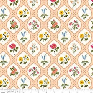 May include: Floral fabric with a repeating pattern of various flowers, including yellow, red, and blue blooms, set against a cream-colored background within a peach-colored trellis design. The fabric is measured in inches.