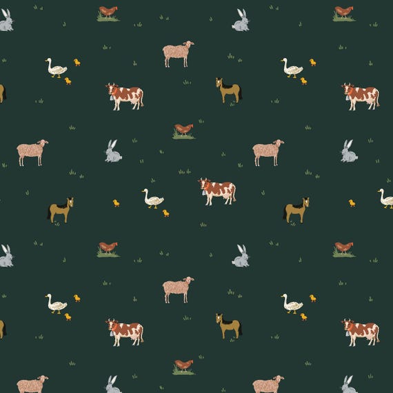 Rifle Paper Co, Gracie's Fabric Collection Farm Animals Evergreen colored cotton quilting fabric