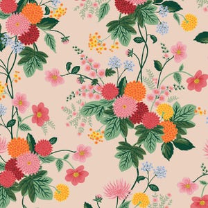 May include: A floral pattern featuring a variety of flowers in shades of pink, orange, red, yellow, and blue, set against a pale pink background. The design includes detailed leaves and stems, creating a seamless, repeating pattern suitable for fabric or wallpaper.