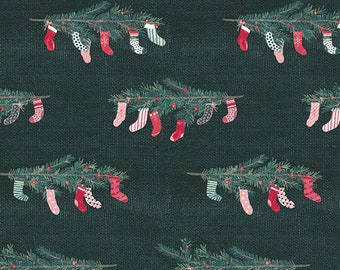 Art Gallery Fabrics, Wintertale, Deck the Halls, tela navideña cortada a medida, tela festiva, algodón para acolchado, medias, Navidad verde