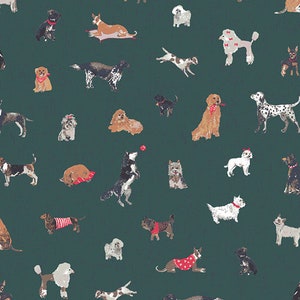 Art Gallery Fabrics, Wintertale, Santa’s Good List, Christmas fabric by the yard, holiday fabric, quilting cotton, puppy dog Christmas