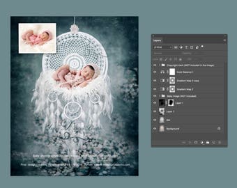 Digital Photography Backdrop /Props for Newborn Photography - psd with Layers - Dream Catcher With Blue Texture Background