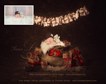 Christmas Bag And Gifts With Dark Background - Beautiful Digital background Newborn Photography Prop download - psd with Layer