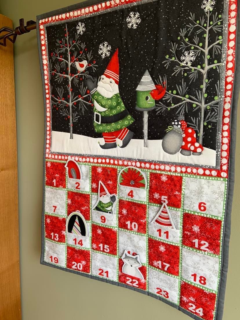 Christmas Gnome Advent Calendar, Holiday Calendar, Festive Quilted Wall Hanging, Reusable