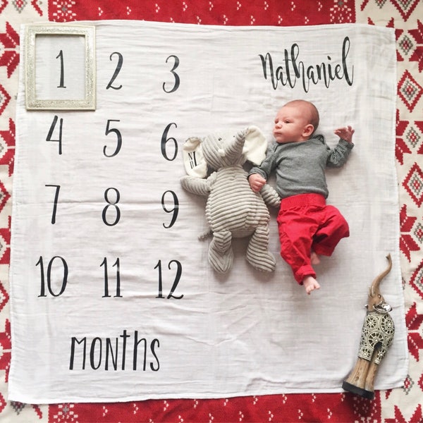 FREE SHIPPING SALE! Organic Bamboo Muslin Baby Monthly Memory Swaddle Blanket 1st first year Photo Growth Prop Month Mile Marker shower gift