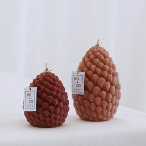 May include: Two pine cone-shaped candles in shades of red and peach. Each candle has a textured surface and a small tag that reads "MO & CO HOME". The candles are displayed on a white surface.