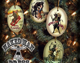 Krampus Ornaments, Set of Four, Porcelain with Gold Cord